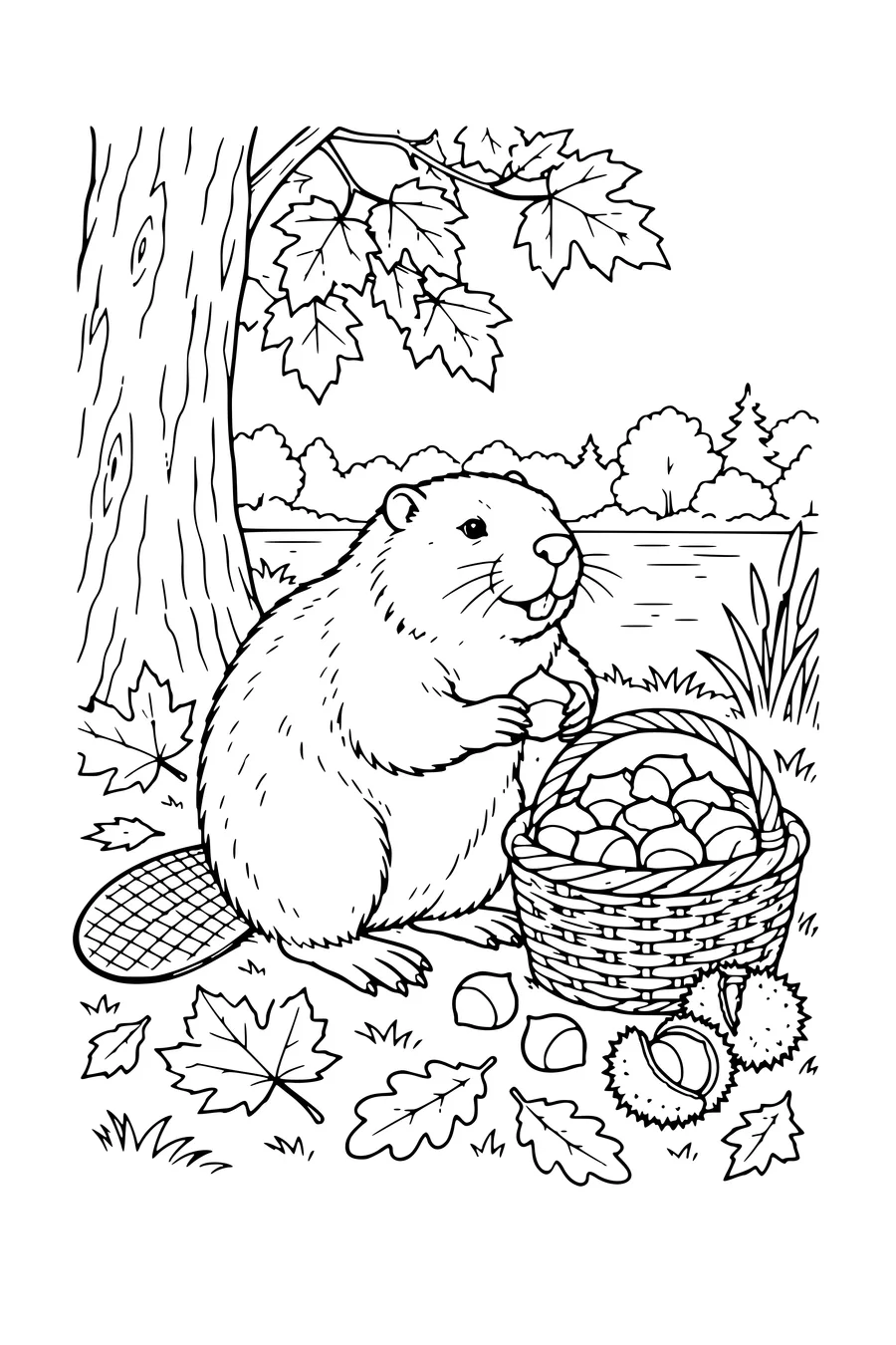 Coloriage: Castor près d’un panier de châtaignes.