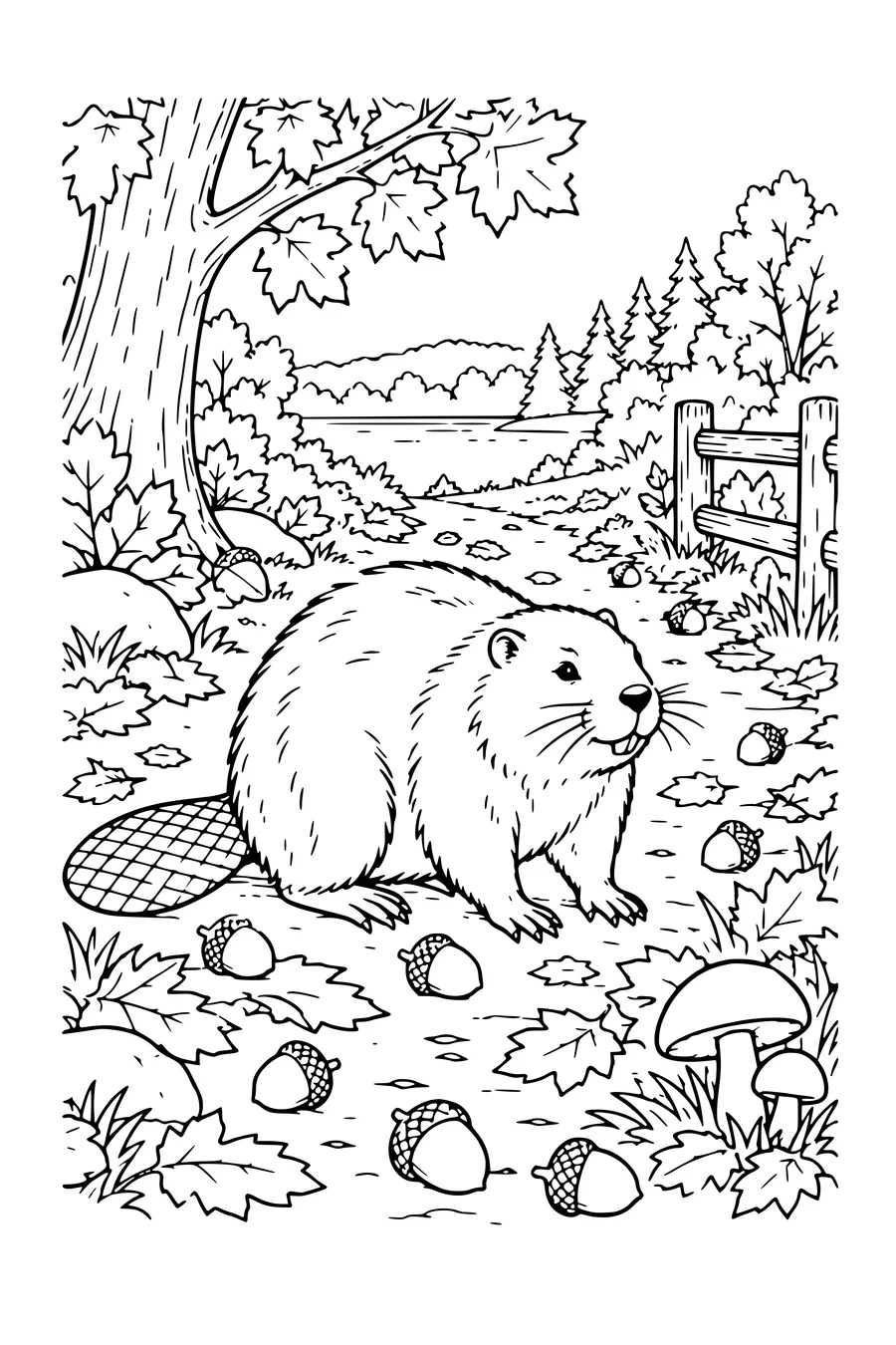 Kleurplaat: Bever langs een pad met eikels.
