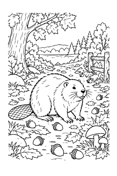 Coloriage: Castor sur un sentier couvert de glands.