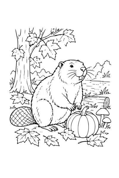 Coloriage: Castor près d’une petite citrouille et de feuilles.