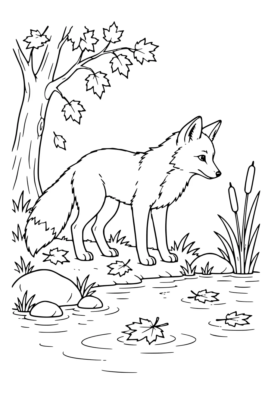 Coloring page: Fox beside a pond with floating leaves.