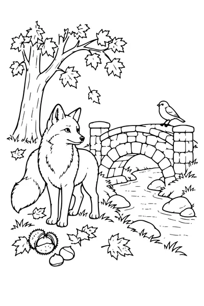 Coloriage: Renard près d’un petit pont de pierre.