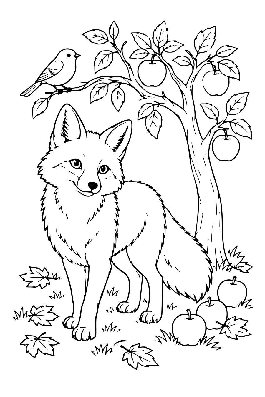 Coloriage: Renard dans un verger en automne.