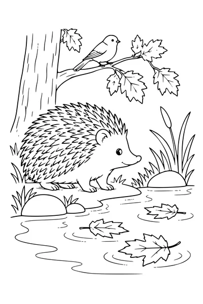 Coloriage: Hérisson près d’un étang aux feuilles flottantes.