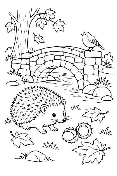 Coloriage: Hérisson près d’un petit pont de pierre.