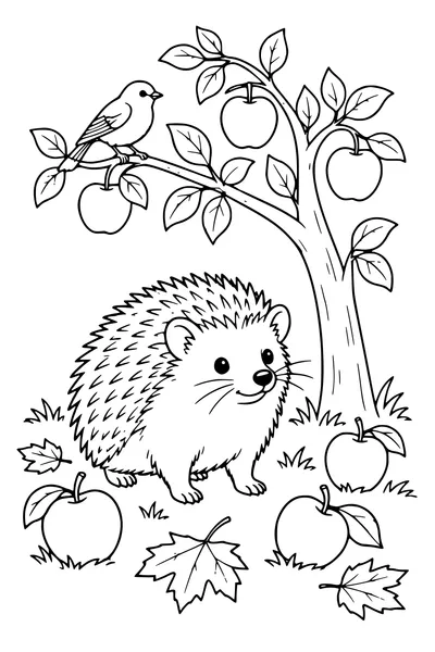 Coloriage: Hérisson dans un verger en automne.