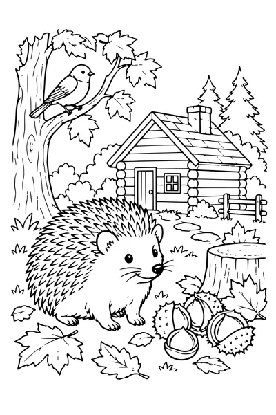 Coloriage: Hérisson près d’une cabane forestière.