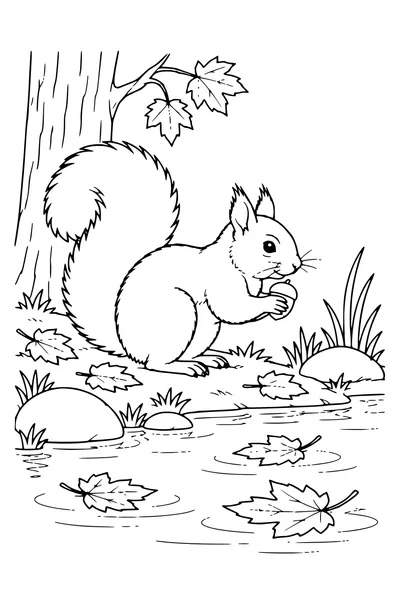 Coloriage: Écureuil près d’un étang aux feuilles flottantes.