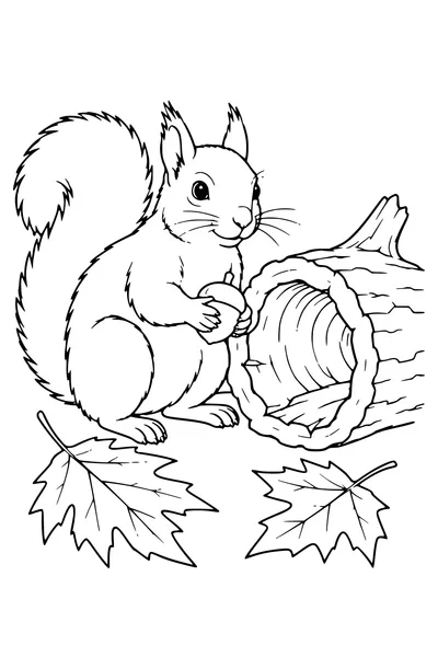 Coloriage: Écureuil près d’un tronc creux.