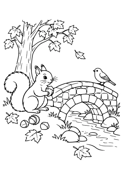 Coloriage: Écureuil près d’un petit pont de pierre.
