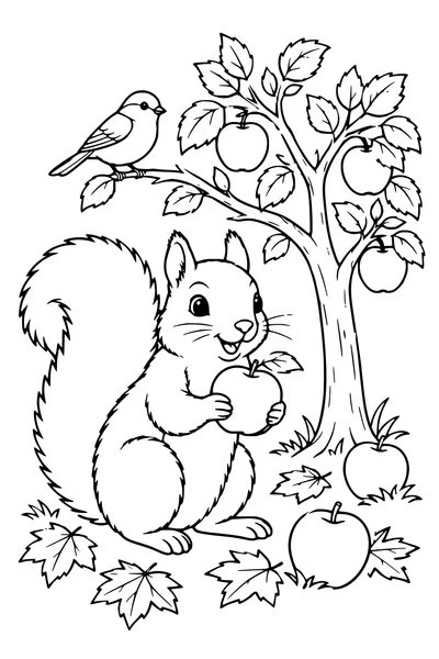 Coloriage: Écureuil dans un verger en automne.