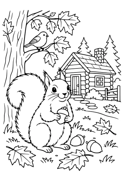 Coloriage: Écureuil près d’une cabane forestière.