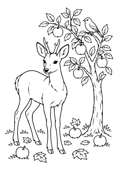 Coloriage: Chevreuil dans un verger en automne.