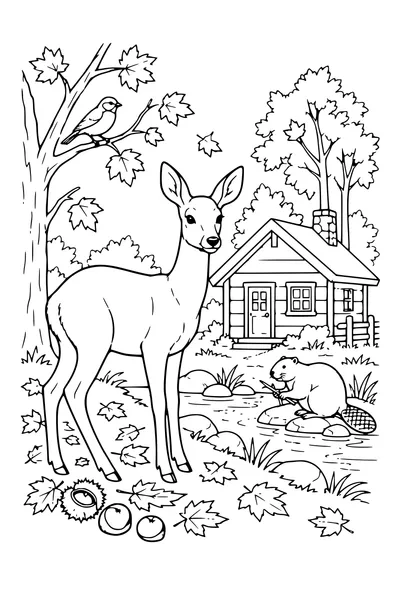 Coloriage: Chevreuil près d’une cabane forestière.