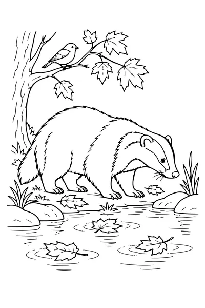 Coloriage: Blaireau près d’un étang aux feuilles flottantes.