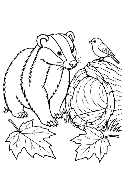 Coloriage: Blaireau près d’un tronc creux.