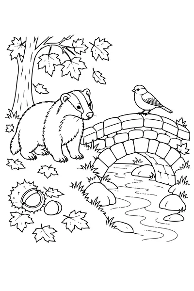 Coloriage: Blaireau près d’un petit pont de pierre.