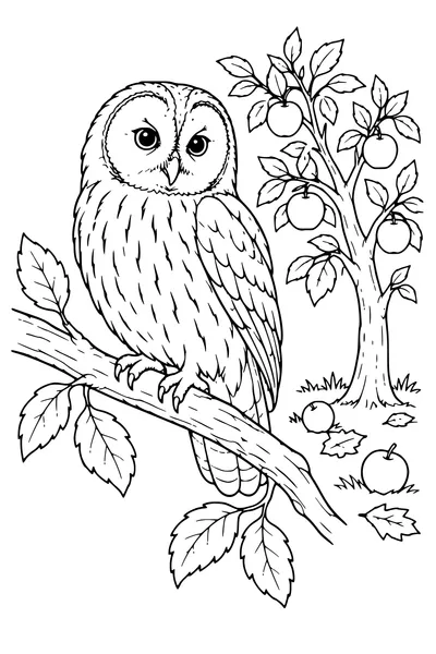 Coloriage: Chouette hulotte dans un verger en automne.