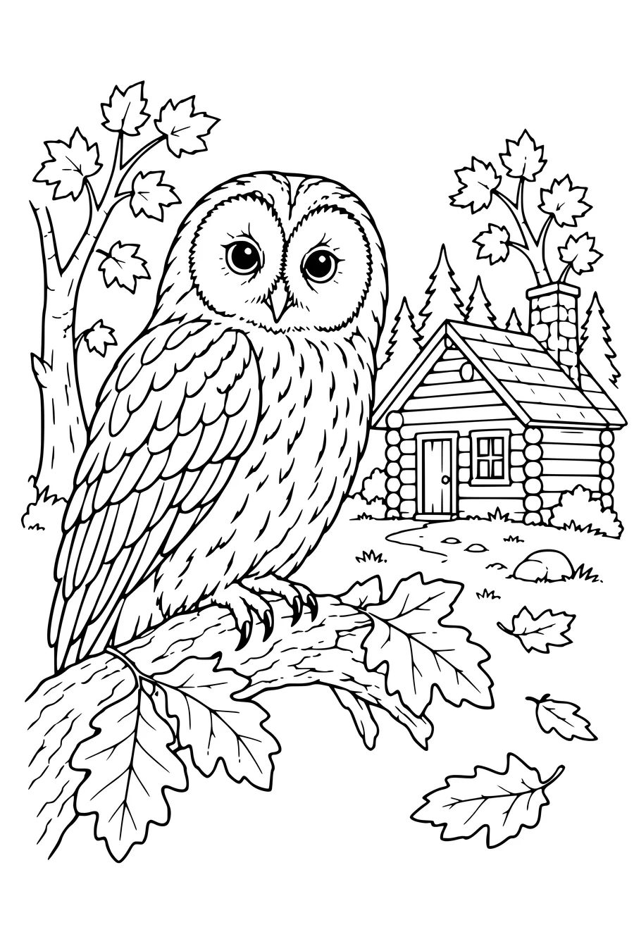 Coloring page: Tawny owl beside a woodland cabin.