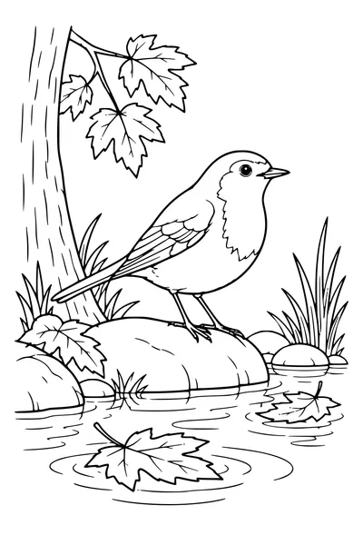 Coloriage: Rouge-gorge près d’un étang aux feuilles flottantes.
