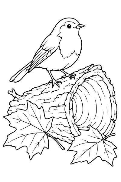 Coloriage: Rouge-gorge près d’un tronc creux.
