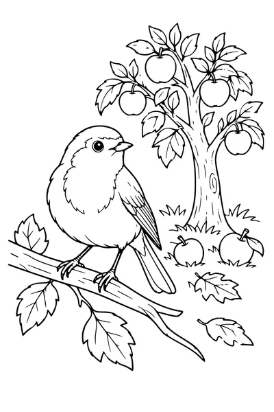 Coloriage: Rouge-gorge dans un verger en automne.