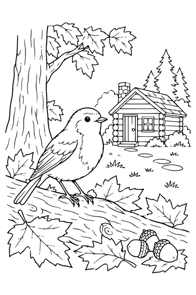 Coloriage: Rouge-gorge près d’une cabane forestière.