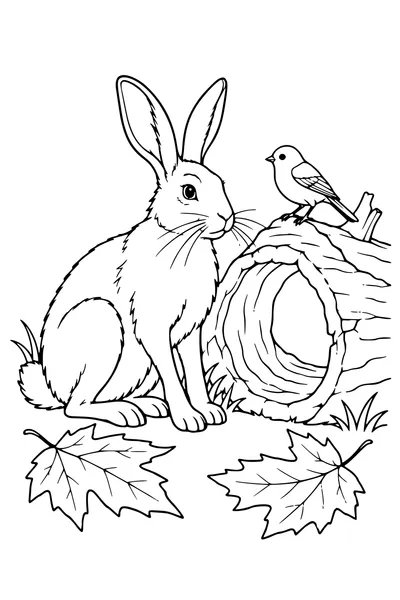 Coloriage: Lièvre près d’un tronc creux.