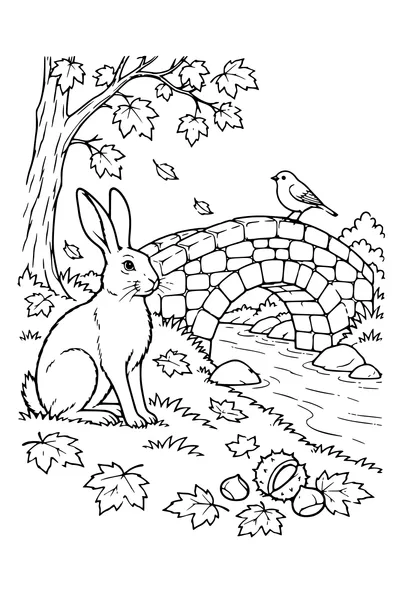Coloriage: Lièvre près d’un petit pont de pierre.