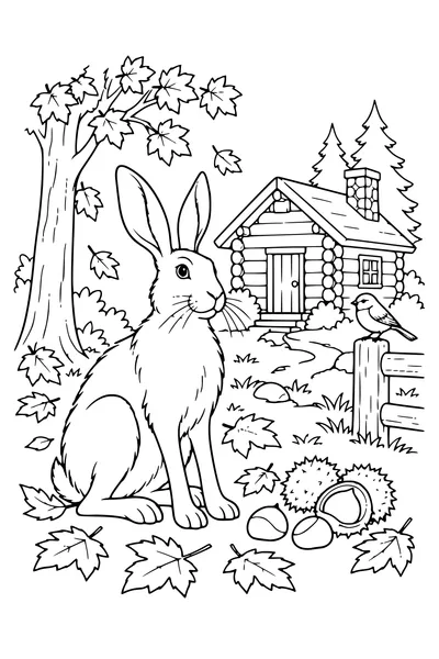 Coloriage: Lièvre près d’une cabane forestière.