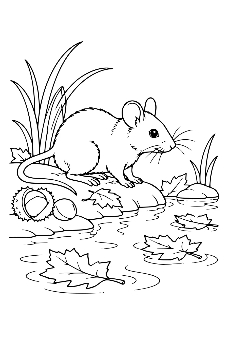 Ausmalbild: Waldmaus an einem Teich mit schwimmenden Blättern.
