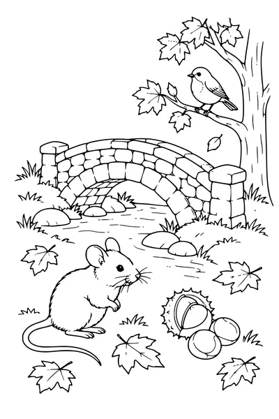 Coloriage: Mulot près d’un petit pont de pierre.