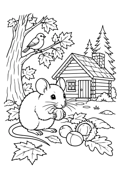 Coloriage: Mulot près d’une cabane forestière.