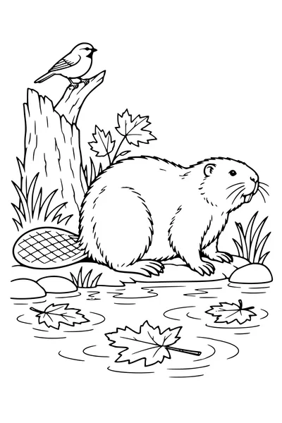 Coloriage: Castor près d’un étang aux feuilles flottantes.