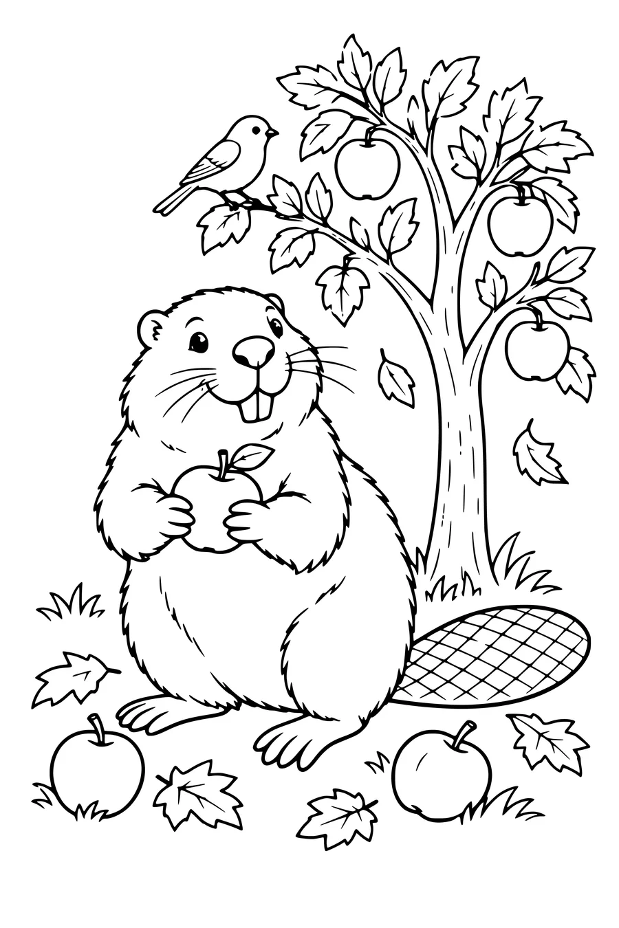 Coloring page: Beaver in an autumn orchard.