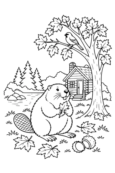 Coloriage: Castor près d’une cabane forestière.