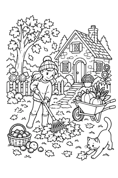Coloriage: Cottage d’automne avec un jardin d’automne.