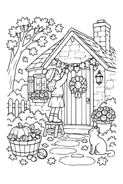 Coloriage: Cottage d’automne avec une guirlande de feuilles.