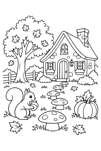 Coloriage: Cottage d’automne avec un sentier de champignons.