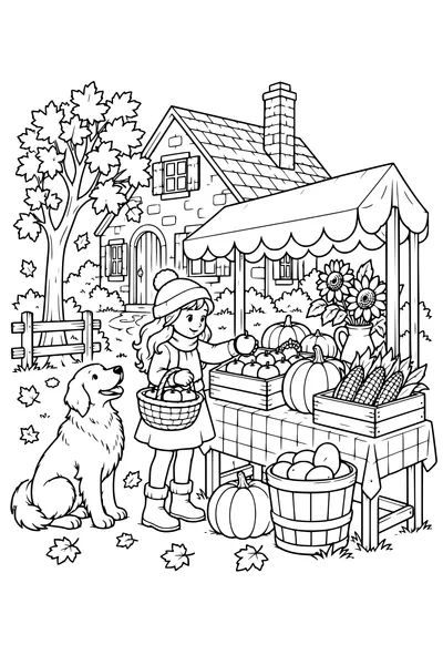 Coloriage: Cottage d’automne avec un stand de récolte.