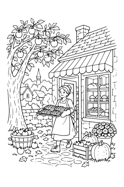 Coloriage: Boulangerie du village avec un pommier.
