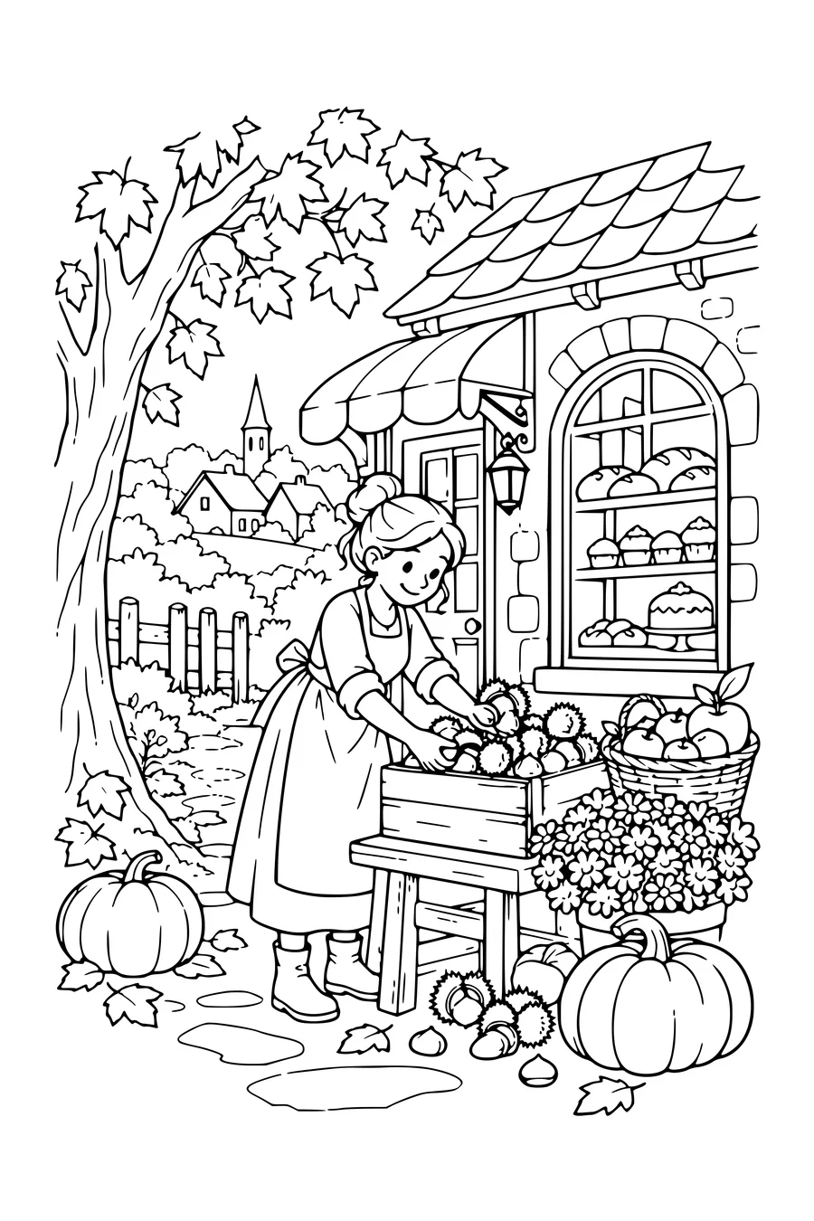 Coloriage: Boulangerie du village avec un jardin d’automne.