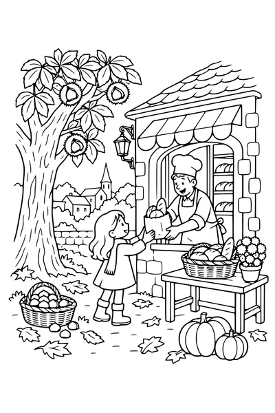 Coloriage: Boulangerie du village avec un châtaignier.