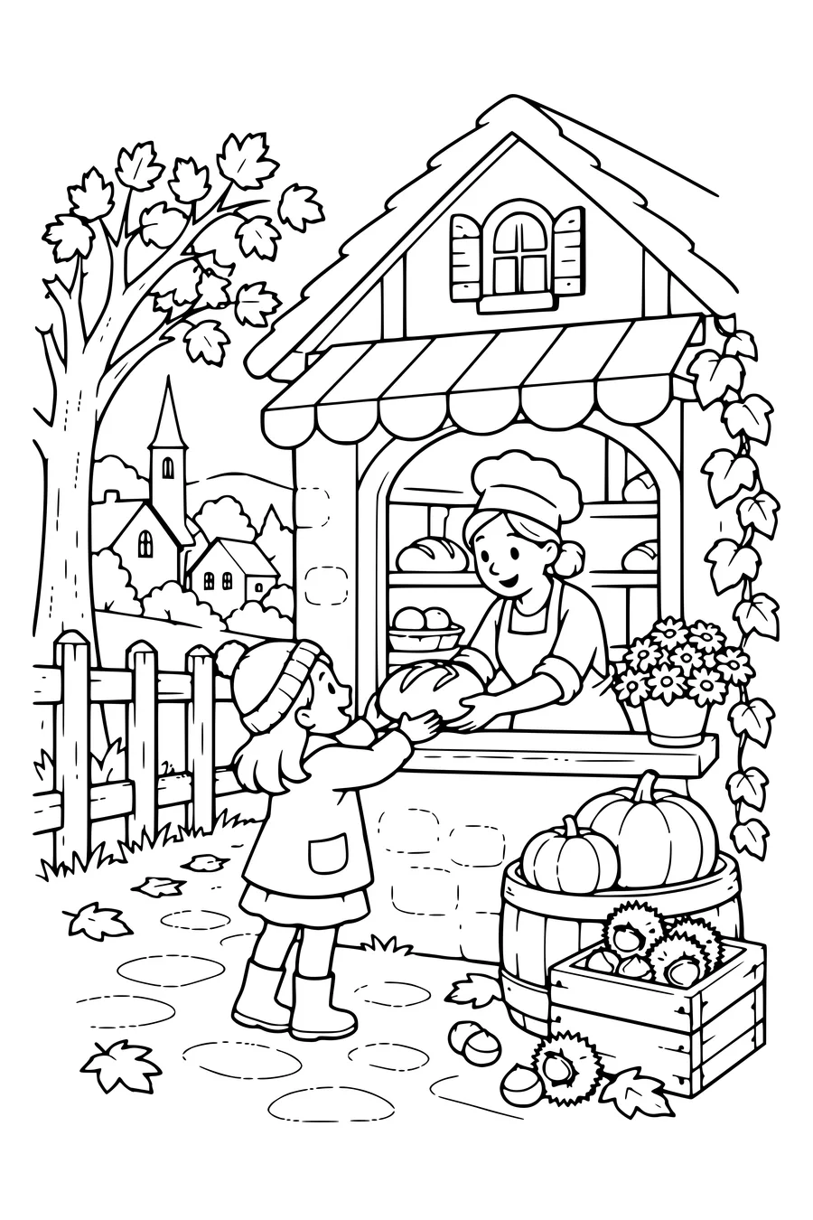 Coloring page: Village bakery with a wooden fence.