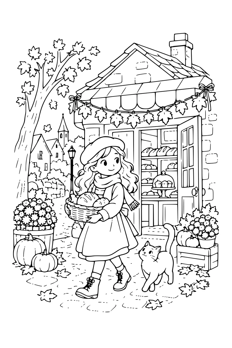 Coloring page: Village bakery with a leaf garland.