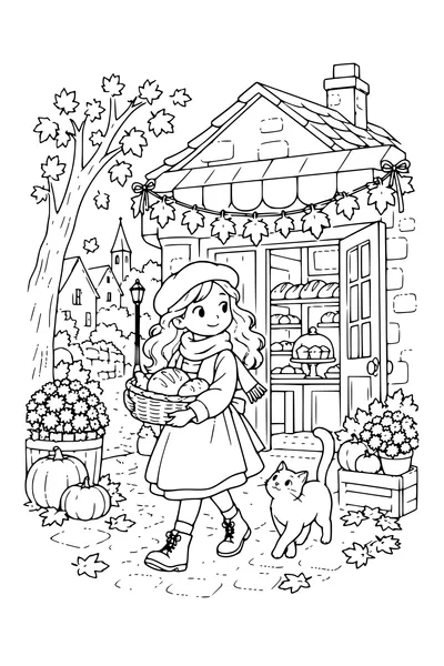 Coloriage: Boulangerie du village avec une guirlande de feuilles.