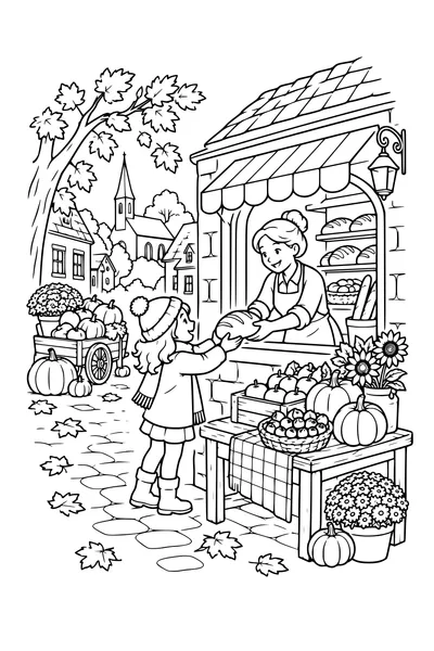 Coloriage: Boulangerie du village avec un stand de récolte.