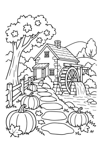 Coloriage: Moulin à eau avec un sentier de citrouilles.