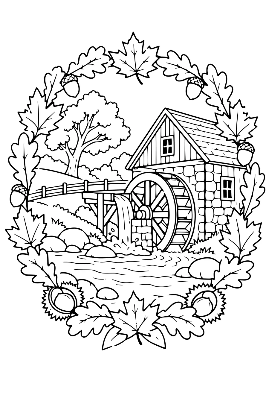 Coloriage: Moulin à eau avec une couronne de feuilles.
