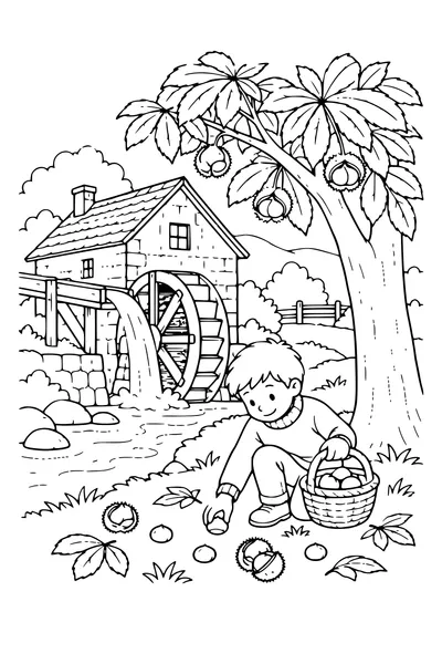 Coloriage: Moulin à eau avec un châtaignier.